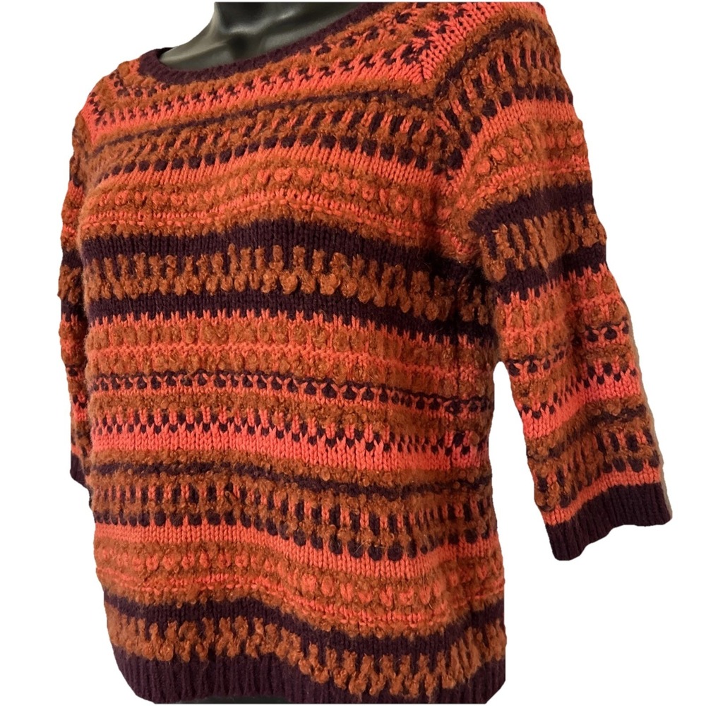 LOFT Petites XXSP Striped Wool Mohair Blend Sweater Orange Burgundy 3/4 Sleeve